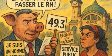 Caricature satirique de Christophe Proença en cochon anthropomorphe face à une militante insoumise devant la gare de Limoges, avec les pancartes “Je suis un homme du peuple”, “49.3” et “Service public ferroviaire”.