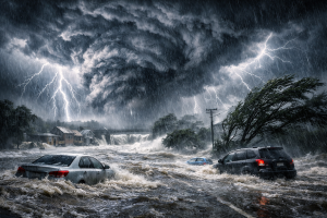Violent orage et inondations catastrophiques avec éclairs, pluies torrentielles et voitures submergées.