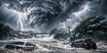 Violent orage et inondations catastrophiques avec éclairs, pluies torrentielles et voitures submergées.