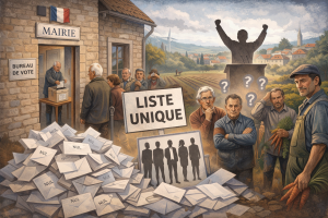 Illustration d’une élection municipale dans un village rural avec une liste unique, des bulletins nuls et des habitants perplexes devant la mairie.