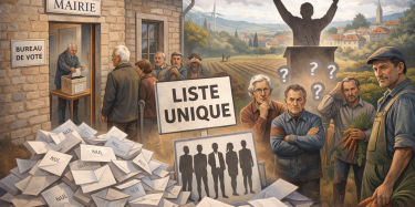 Illustration d’une élection municipale dans un village rural avec une liste unique, des bulletins nuls et des habitants perplexes devant la mairie.
