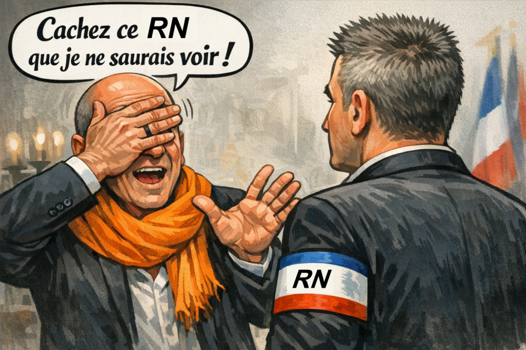 Caricature allégorique moderne représentant un homme chauve portant une écharpe orange, se couvrant les yeux avec la main tout en regardant à travers ses doigts, face à un autre homme arborant un brassard tricolore marqué «RN». La scène illustre l’hypocrisie politique avec la phrase « Cachez ce RN que je ne saurais voir ! ».